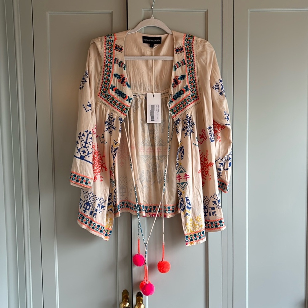 Hemant + Nandita Alexa long sleeve open front top w/ beading and Pom Pom tassels